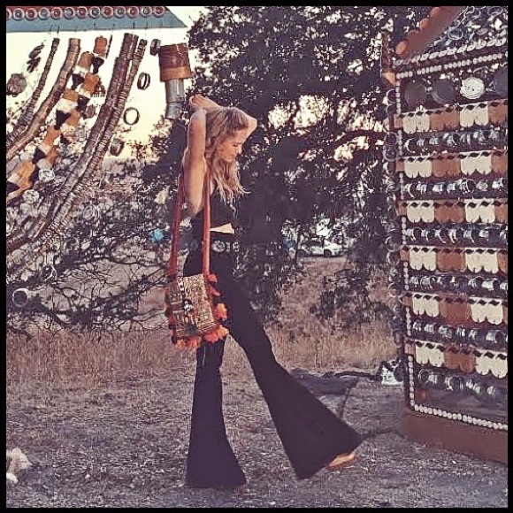 LONG LENGTH High Waisted Black Bell Bottom Pants Boho Hippie Rocker Flares Pants - Picture 3 of 8